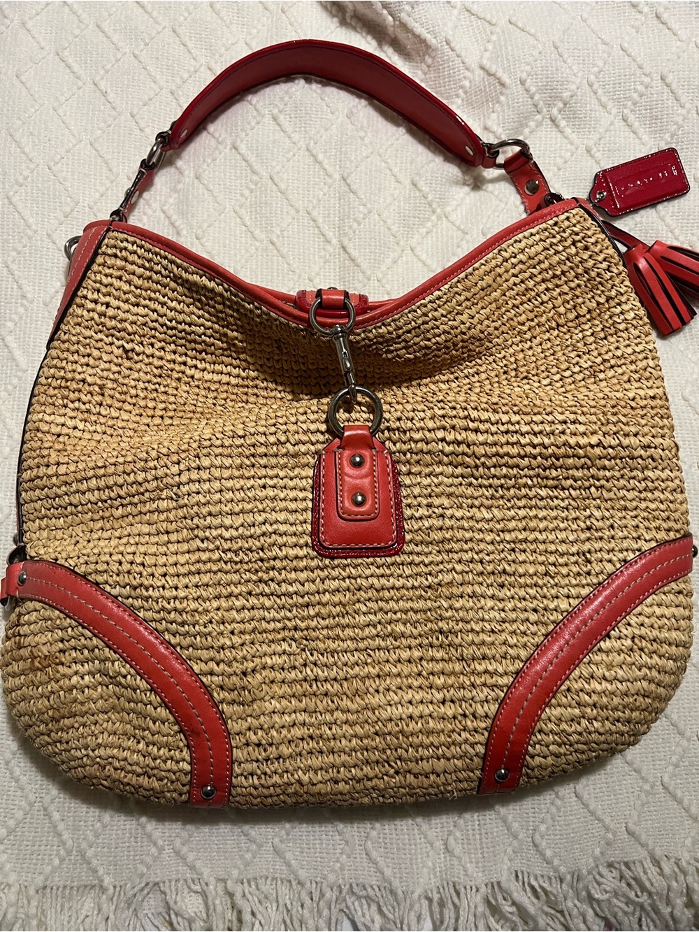 Coach Straw Shoulder Bag with Coral Trim